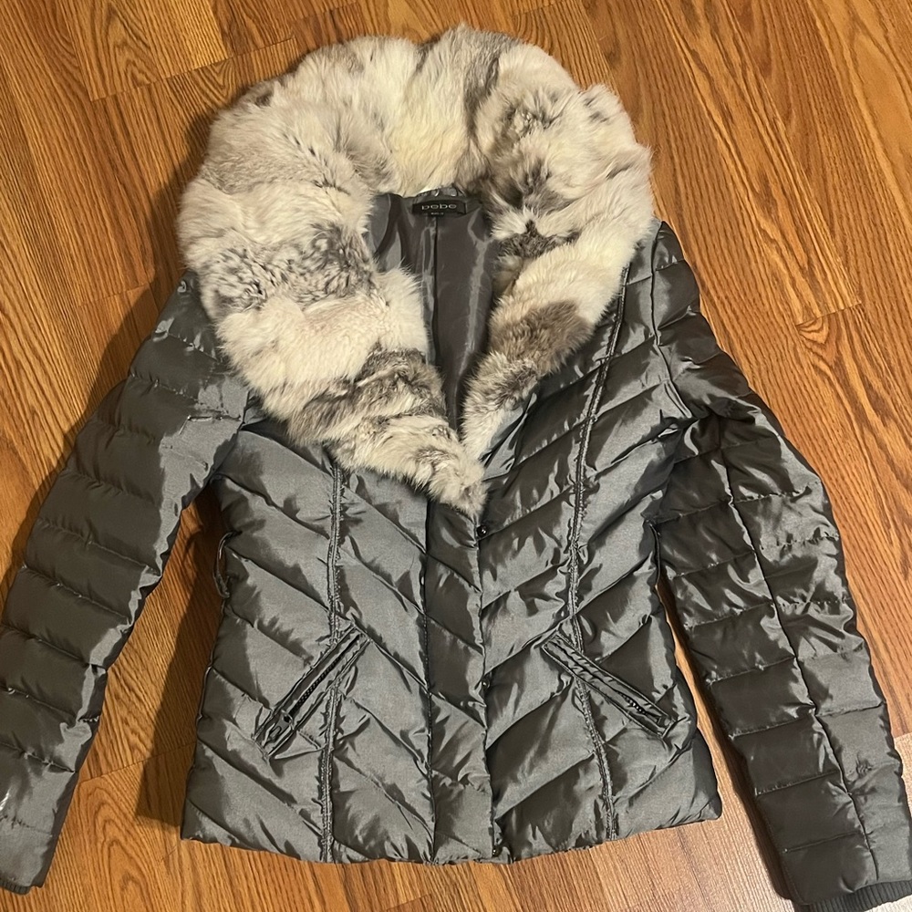Bebe Puffer Short Coat With Fur Trim Vintage Size Small Grey Multi Color Fur